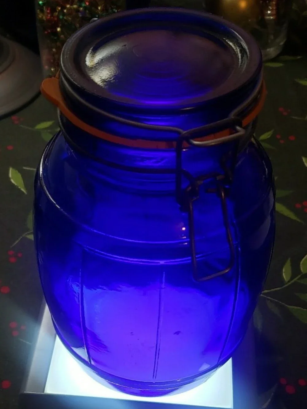 Vintage Barrel Shaped Cobalt Blue Wire Bail Top Glass Jar